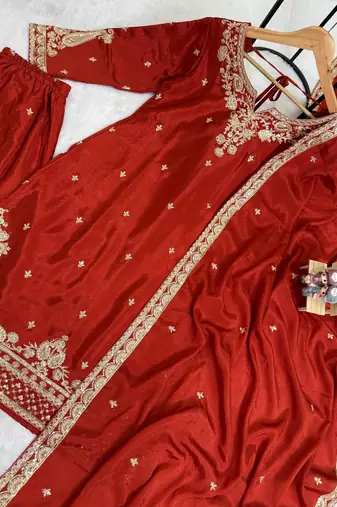 Orange Front Embroidery Work & Back Side Drawstring Pattern Chinon Kurti Set