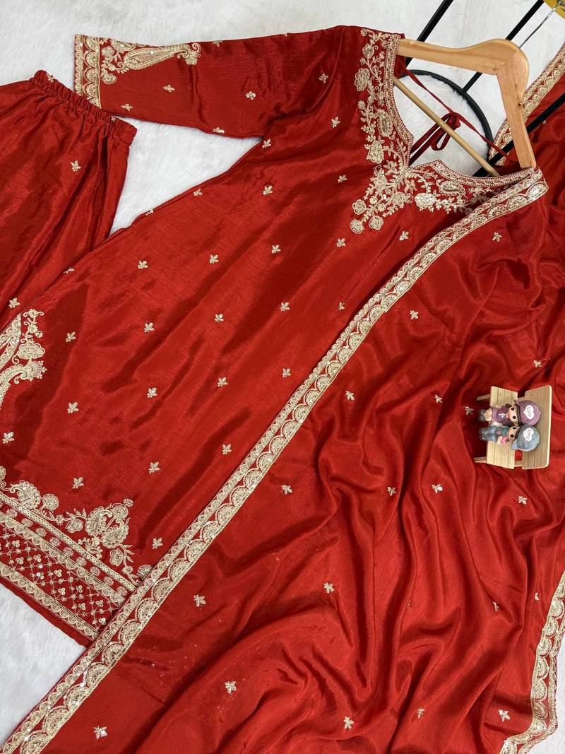 Orange Front Embroidery Work & Back Side Drawstring Pattern Chinon Kurti Set