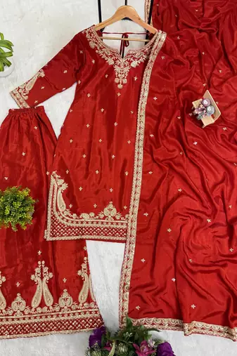 Orange Front Embroidery Work & Back Side Drawstring Pattern Chinon Kurti Set