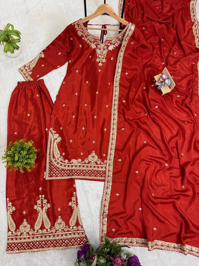 Orange Front Embroidery Work & Back Side Drawstring Pattern Chinon Kurti Set