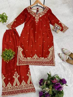 Orange Front Embroidery Work & Back Side Drawstring Pattern Chinon Kurti Set 5