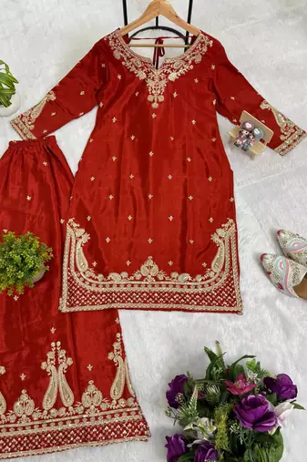 Orange Front Embroidery Work & Back Side Drawstring Pattern Chinon Kurti Set