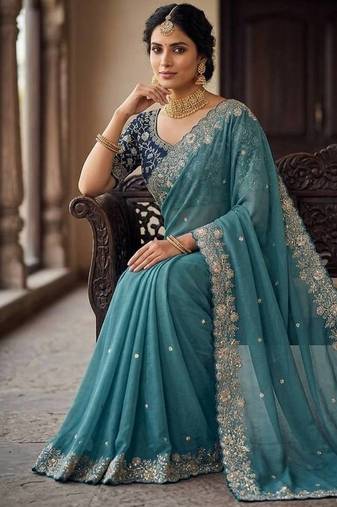 Teal Color Embroidery Thread and Zari Work georgette Saree