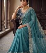 Teal Color Embroidery Thread and Zari Work georgette Saree