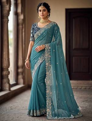 Teal Color Embroidery Thread and Zari Work georgette Saree 2