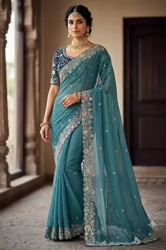 Teal Color Embroidery Thread and Zari Work georgette Saree