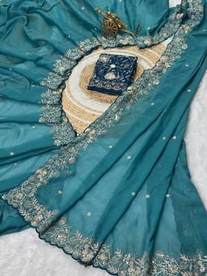Teal Color Embroidery Thread and Zari Work georgette Saree 3