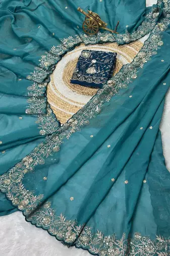 Teal Color Embroidery Thread and Zari Work georgette Saree