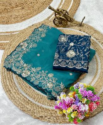 Teal Color Embroidery Thread and Zari Work georgette Saree 4