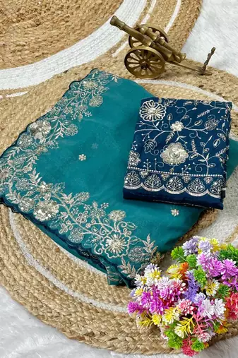 Teal Color Embroidery Thread and Zari Work georgette Saree
