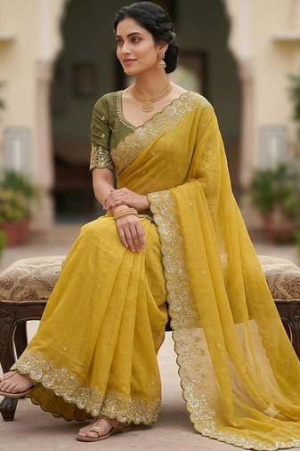 Yellow Color Embroidery Thread and Zari Work georgette Saree