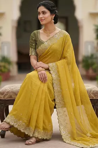 Yellow Color Embroidery Thread and Zari Work georgette Saree