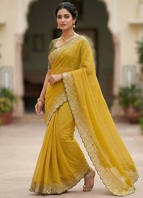 Yellow Color Embroidery Thread and Zari Work georgette Saree 2