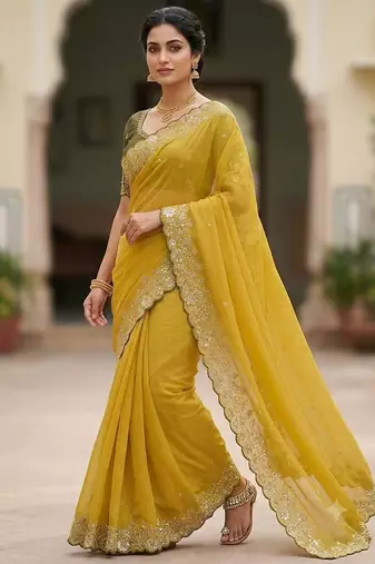Yellow Color Embroidery Thread and Zari Work georgette Saree