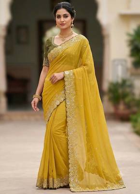 Yellow Color Embroidery Thread and Zari Work georgette Saree 3