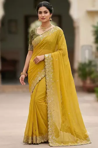 Yellow Color Embroidery Thread and Zari Work georgette Saree