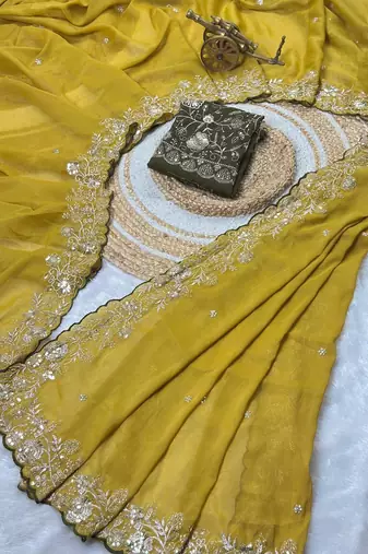 Yellow Color Embroidery Thread and Zari Work georgette Saree