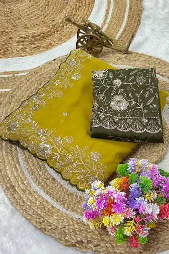 Yellow Color Embroidery Thread and Zari Work georgette Saree