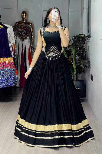 Black Color Fancy Plain Lehenga With Lace Patti Work Blouse For Navratri - full stitched free size