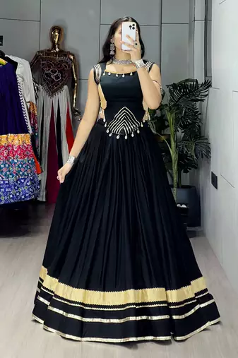 Black Color Fancy Plain Lehenga With Lace Patti Work Blouse For Navratri - full stitched free size