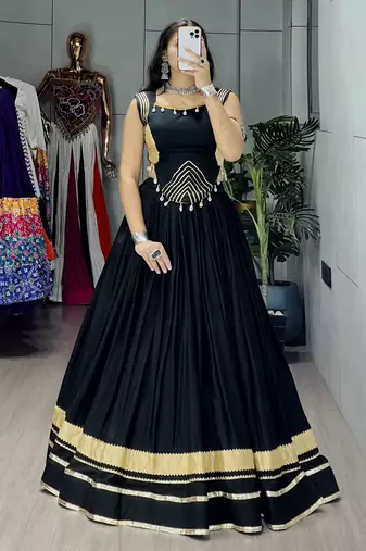 Black Color Fancy Plain Lehenga With Lace Patti Work Blouse For Navratri - full stitched free size