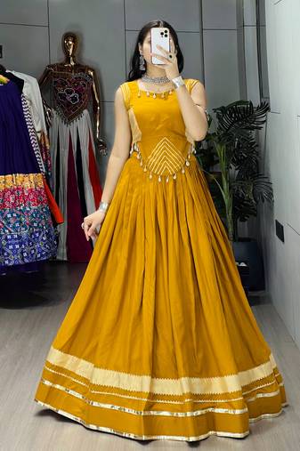 Mustard Color Fancy Plain Lehenga With Lace Patti Work Blouse For Navratri - full stitched free size
