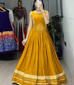 Mustard Color Fancy Plain Lehenga With Lace Patti Work Blouse For Navratri - full stitched free size