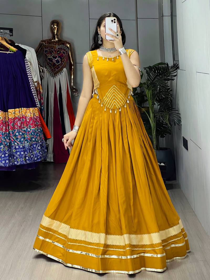 Mustard Color Fancy Plain Lehenga With Lace Patti Work Blouse For Navratri - full stitched free size