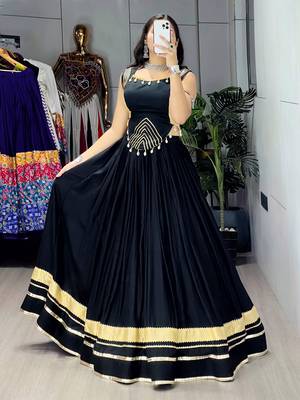 Black Color Fancy Plain Lehenga With Lace Patti Work Blouse For Navratri - full stitched free size 3