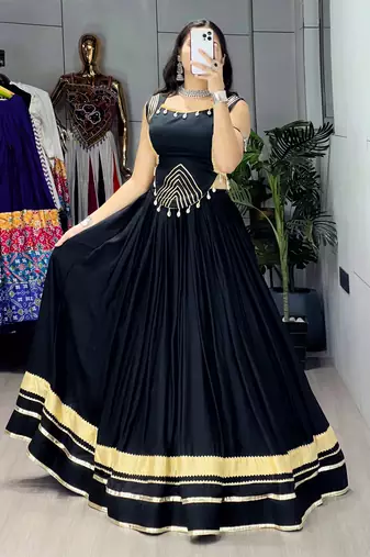 Black Color Fancy Plain Lehenga With Lace Patti Work Blouse For Navratri - full stitched free size