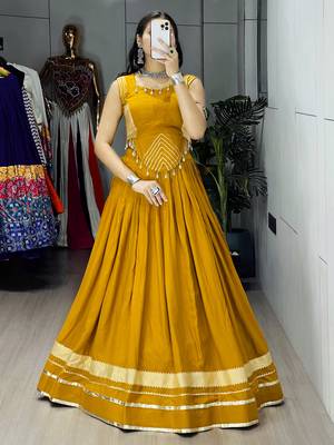 Mustard Color Fancy Plain Lehenga With Lace Patti Work Blouse For Navratri - full stitched free size 2