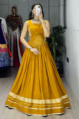 Mustard Color Fancy Plain Lehenga With Lace Patti Work Blouse For Navratri - full stitched free size