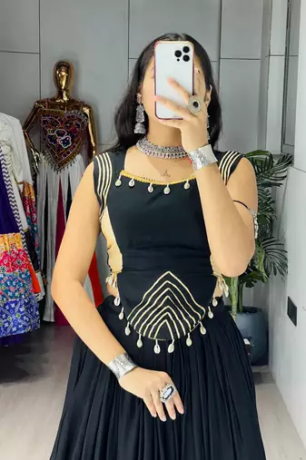 Black Color Fancy Plain Lehenga With Lace Patti Work Blouse For Navratri - full stitched free size