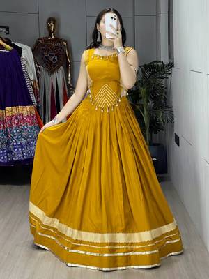 Mustard Color Fancy Plain Lehenga With Lace Patti Work Blouse For Navratri - full stitched free size 3
