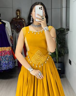 Mustard Color Fancy Plain Lehenga With Lace Patti Work Blouse For Navratri - full stitched free size 4
