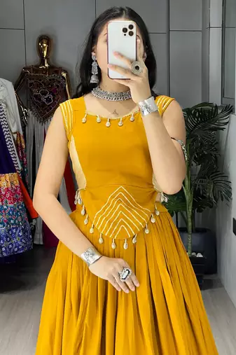 Mustard Color Fancy Plain Lehenga With Lace Patti Work Blouse For Navratri - full stitched free size