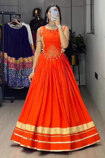 Orange Color Fancy Plain Lehenga With Lace Patti Work Blouse For Navratri - full stitched free size