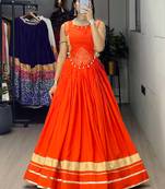 Orange Color Fancy Plain Lehenga With Lace Patti Work Blouse For Navratri - full stitched free size
