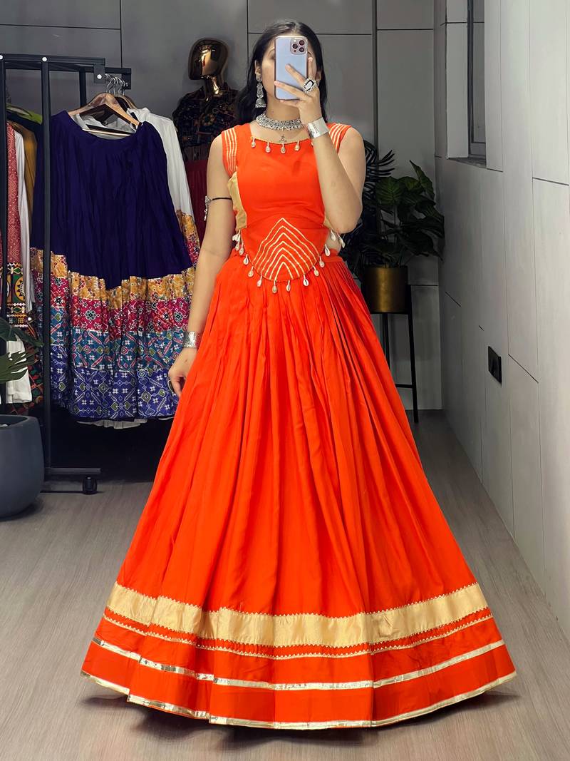 Orange Color Fancy Plain Lehenga With Lace Patti Work Blouse For Navratri - full stitched free size
