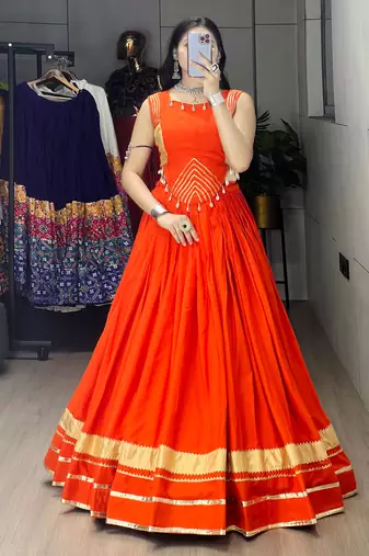 Orange Color Fancy Plain Lehenga With Lace Patti Work Blouse For Navratri - full stitched free size