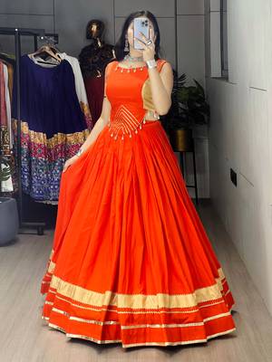 Orange Color Fancy Plain Lehenga With Lace Patti Work Blouse For Navratri - full stitched free size 3