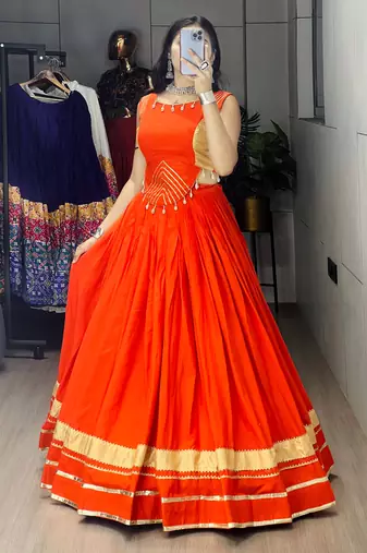 Orange Color Fancy Plain Lehenga With Lace Patti Work Blouse For Navratri - full stitched free size