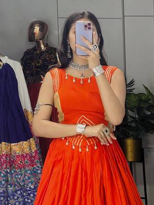 Orange Color Fancy Plain Lehenga With Lace Patti Work Blouse For Navratri - full stitched free size 4