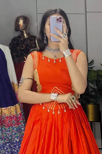 Orange Color Fancy Plain Lehenga With Lace Patti Work Blouse For Navratri - full stitched free size