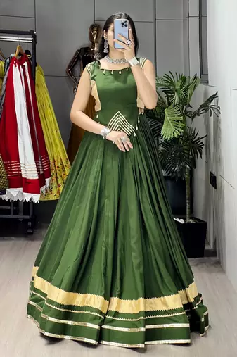 Mehendi Color Fancy Plain Lehenga With Lace Patti Work Blouse For Navratri - full stitched free size