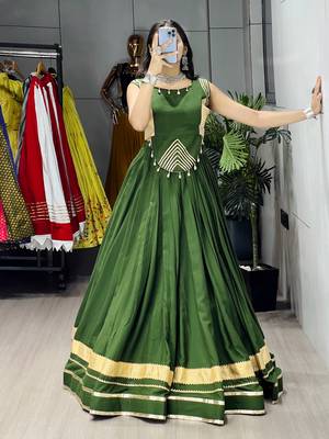 Mehendi Color Fancy Plain Lehenga With Lace Patti Work Blouse For Navratri - full stitched free size 3
