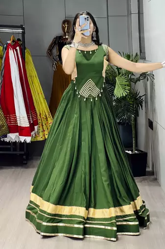 Mehendi Color Fancy Plain Lehenga With Lace Patti Work Blouse For Navratri - full stitched free size