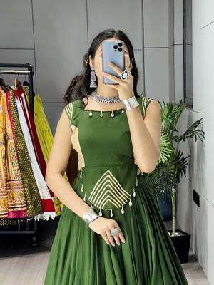 Mehendi Color Fancy Plain Lehenga With Lace Patti Work Blouse For Navratri - full stitched free size 4