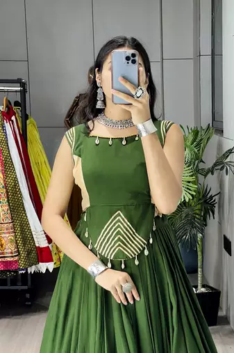 Mehendi Color Fancy Plain Lehenga With Lace Patti Work Blouse For Navratri - full stitched free size