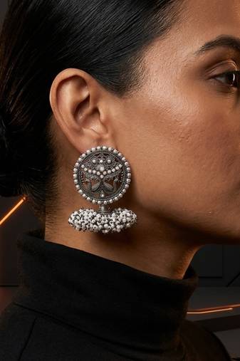 Oxidized silver peacock motif statement earrings with white pearl cluster drops